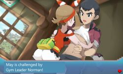 attract_(pokemon_move) backpack badge bag bandana battle bike_shorts blue_eyes blush breasts breasts_out brown_hair competitive_intercourse competitive_sex english_text erect_penis father_and_daughter female gameplay_mechanics gym_leader hat health_bar highres hp_bar incest kim_da-yoon long_hair may_(pokemon) may_(pokemon_oras) nintendo nipple_tweak nipples norman_(pokemon) pants_down penetration penis philipposter pokemon pokemon_(game) pokemon_battle pokemon_oras ribbon sex_battle sexfight shocked shocked_expression shorts smile sweat translated wince