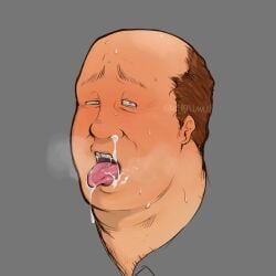 1boy bald bald_man bill_dauterive blush breath chubby chubby_male cum cum_drip cum_from_nose cum_in_mouth cum_on_tongue fat fat_man gay gray_background king_of_the_hill male male_only middle_aged simple_background solo sweating teeth tongue_out whoa_uwu