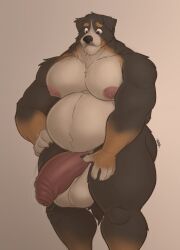 anthro balls bara big_balls big_pecs black_body black_fur canid canine canis domestic_dog flaccid foreskin fur furry gab_art genitals male male_only mammal musclegut muscular muscular_anthro muscular_male nude overweight pecs penis solo tan_body tan_fur white_body white_fur