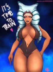 1girls ahsoka_tano alien alien_girl big big_breasts blue_eyes busty female female_only large_breasts leotard navel nonoise666 orange_skin solo star_wars star_wars_rebels text thick_thighs togruta wide_hips