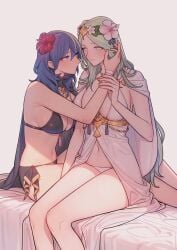 2girls alternate_color bikini black_bikini black_swimsuit blue_eyes blue_hair blush breasts byleth_(fire_emblem) byleth_(fire_emblem)_(female) byleth_(summer)_(fire_emblem)_(female) cleavage closed_mouth female female_only fire_emblem fire_emblem:_three_houses fire_emblem_heroes flower green_eyes green_hair hair_between_eyes hair_flower hair_ornament hibiscus highres ikarin imminent_kiss large_breasts long_hair medium_breasts multiple_girls navel nintendo official_alternate_costume rhea_(fire_emblem) rhea_(summer)_(fire_emblem) sideboob swimsuit white_bikini white_swimsuit yuri