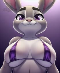 ai_generated breasts disney female grey_fur halfaslime judy_hopps looking_at_viewer purple_bra simple_background solo tight_bra upper_body violet_eyes zootopia