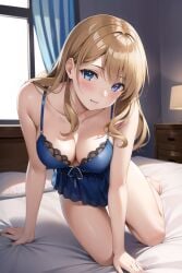 ai_generated bed bedroom blonde_female blonde_hair blonde_hair blonde_hair_female blue_dress blue_eyes leaning leaning_forward looking_at_viewer looking_pleasured night_dress on_bed smiling smiling_at_viewer white_skin