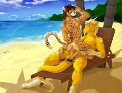 anal anal_sex anthro anthro_on_anthro beach chaise_lounge cheetah cowgirl_position dragon duo eyewear felid feline from_front_position genitals gloves_(marking) gold_scales hair hi_res horn kneeling leg_markings liervey looking_at_another looking_at_viewer looking_back male male/male mammal markings muscular muscular_male nikrebelis on_bottom on_top pawpads penetration penis ribbed_penis scalie seaside sex silver_hair socks_(marking) spots sunglasses western_dragon