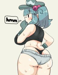 1girls ass big_breasts blue_hair breasts dat_ass hat light-skinned_female nitori_kawashiro nono_(notnoe) notnoe_(dxcl) shorts solo solo_female sweat sweaty_body tank_top text text_bubble thick_thighs thighs thinking thong thong_above_shorts touhou twintails whale_tail white_background