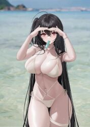 absurdres ahoge awwwwys azur_lane beach bikini black_hair blurry blurry_background bracelet breasts cleavage collarbone contrapposto cowboy_shot criss-cross_straps crossed_bangs curvy female food_in_mouth hair_between_eyes hands_up highres huge_breasts jewelry light_blush long_hair looking_at_viewer navel ocean official_alternate_costume one_side_up outdoors popsicle_in_mouth red_eyes ring shading_eyes side-tie_bikini_bottom skindentation solo stomach string_bikini swimsuit taihou_(azur_lane) taihou_(seaside_daydreams)_(azur_lane) thigh_gap thigh_strap thighs very_long_hair wet wet_bikini white_bikini wide_hips