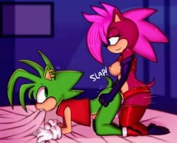 anthro anthro_on_anthro green_body green_fur green_hair green_skin incest manic_the_hedgehog mobian_(species) pink_body pink_fur pink_hair pink_skin sonia_the_hedgehog sonic_(series) sonic_the_hedgehog_(series) sonic_underground