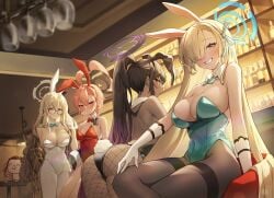 4girls :< absurdly_long_hair ahoge akane_(blue_archive) akane_(bunny)_(blue_archive) animal_ears arona's_sensei_doodle_(blue_archive) ass asuna_(blue_archive) asuna_(bunny)_(blue_archive) back backless_leotard bar_(place) bar_stool bare_back bare_shoulders black-framed_eyewear black_leotard blue_archive blue_bow blue_bowtie blue_eyes blue_leotard blue_ribbon blurry blush bottle bow bowtie braid breasts brown_eyes brown_hair brown_pantyhose brown_shawl bunny_ears bunny_tail bunnysuit cleaning_&_clearing_(blue_archive) cleavage clothes_down collar commentary_request counter covered_navel cowboy_shot crossed_legs cup dark-skinned_female dark_skin depth_of_field detached_collar drinking_glass earrings elbow_rest fake_animal_ears fake_tail female fishnet_pantyhose fishnets glasses gloves gradient_hair grin groin gya_(144) hair_over_one_eye halo hand_up high_ponytail highleg highleg_leotard huge_ass indoors jacket jewelry karin_(blue_archive) karin_(bunny)_(blue_archive) large_breasts leaning leotard light-skinned_female light_brown_hair long_hair looking_at_viewer millennium_science_school_student mole mole_on_breast mole_under_eye multicolored_hair multiple_girls neru_(blue_archive) neru_(bunny)_(blue_archive) official_alternate_costume one_eye_covered open_mouth oversized_breast_cup pantyhose pink_eyes pink_hair playboy_bunny ponytail print_jacket purple_hair rabbit_ears rabbit_tail red_bow red_bowtie red_leotard ribbon sensei_(blue_archive) shawl short_hair side-tie_leotard sideboob sidelocks sideways_glance single_braid sitting small_breasts smile standing stool strapless strapless_leotard stud_earrings sukajan swept_bangs tail thighband_pantyhose thighs traditional_bowtie very_long_hair white_collar white_gloves white_leotard white_pantyhose wide_hips wing_collar wrist_cuffs yellow_eyes