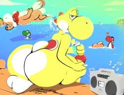 anthro balls beverage_can big_balls big_penis cassette_tape cheep_cheep dinosaur dock ducktape_lizard_inc emote fellatio genitals girly group male male/male mario_(series) nintendo oral overweight penile penis plessie reptile scalie seaside sex super_mario_3d_world water yoshi