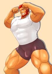 bara beard bulge facial_hair fate_(series) flaccid flexing fully_clothed iskandar_(fate) karakuraax male male_only muscles muscular red_hair shirt shorts solo solo_male