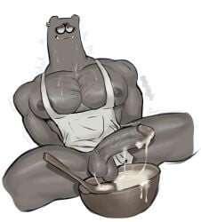 apron apron_only bodily_fluids bowl cartoon_network chowder_(series) cum cum_in_bowl male_only midnyte muscular muscular_male nytnyte shnitzel spoon sweat