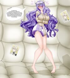 1boy 1girls bondage breasts camilla_(fire_emblem) corrin_(fire_emblem) corrin_(fire_emblem)_(male) crazy diaper drooling english_text femsub fire_emblem fire_emblem_fates horny horny_female insane large_breasts long_hair nintendo padded_cell padded_walls photo picture_on_wall purple_eyes purple_hair standing straitjacket text tiara xjio yandere