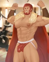 balls bara beard bulge facial_hair fate_(series) flaccid flexing iskandar_(fate) jockstrap male male_only muscles muscular nude penis rapbitan red_hair solo solo_male underwear