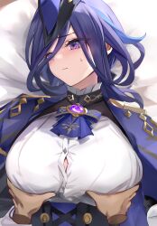 1girls big_breasts blush breast_grab clorinde_(genshin_impact) disembodied_hand female female_only genshin_impact hat large_breasts looking_aside looking_away lying on_back purple_eyes purple_hair solo solo_female tomas_(kaosu22) upper_body