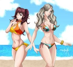 2girls ann_takamaki beach bikini blonde_hair blue_bikini blue_eyes blue_swimsuit breasts brown_eyes brown_hair clouds female female_only human kujikawa_rise large_breasts looking_at_viewer lovers_arcana midriff multicolored_bikini multicolored_swimsuit multiple_girls navel o-ring_choker ocean orange_bikini orange_swimsuit outside pale_skin persona persona_4 persona_5 side-tie_bikini side-tie_swimsuit sky sonicheroxd swimsuit twintails water wrist_scrunchie yellow_bikini yellow_swimsuit