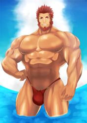 balls bara beard bulge facial_hair fate_(series) flaccid iskandar_(fate) karakuraax male male_only muscles muscular partially_submerged penis red_hair solo solo_male water