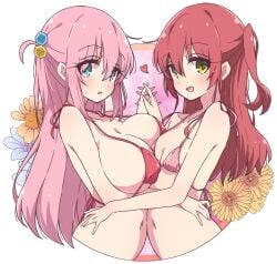 2girls asymmetrical_docking bikini blue_eyes bocchi_the_rock! breast_press breast_size_difference breasts cleavage covered_nipples cube_hair_ornament floral_background from_side gotou_hitori green_eyes hair_ornament hug kita_ikuyo large_breasts long_hair looking_at_viewer melty_pot micro_bikini multiple_girls one_side_up open_mouth pink_bikini pink_hair red_bikini red_hair small_breasts smile string_bikini swimsuit upper_body yuri