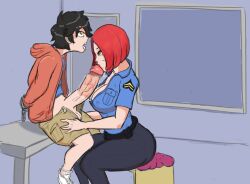 1boy 1girls big_breasts big_penis blowjob clothed handcuffs jobonbon lipstick lipstick_on_penis original_character police police_uniform policewoman restrained smaller_male