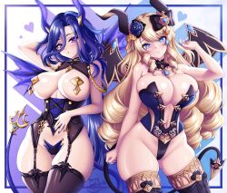 2girls blonde_hair blue_eyes blush breasts cleavage clorinde_(genshin_impact) corset curvy drill_hair female genshin_impact hair_ornament hi_res highres horns huge_breasts large_breasts leotard light-skinned_female light_skin long_hair looking_at_viewer multiple_girls nail_polish naughty_face navel navia_(genshin_impact) pubic_tattoo purple_eyes purple_hair sevie smile succubus succubus_costume tail tail_accessory thick_thighs thighhighs thighs wide_hips wings