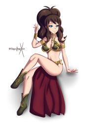 1girls armlet blue_eyes boots bracelets breasts brown_hair collar hilda_(pokemon) large_breasts looking_at_viewer midriff navel nintendo pelvic_curtain pokemon pokemon_bw ponytail sitting slave_bikini slave_leia_(cosplay) sonicheroxd