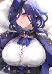 1girls big_breasts blush clorinde_(genshin_impact) female female_only genshin_impact hat large_breasts looking_aside looking_away lying on_back purple_eyes purple_hair solo solo_female tomas_(kaosu22) upper_body