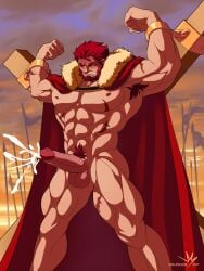 armpit_hair balls bara beard big_penis boner bound_wrists cape cape_only closed_eyes cum erection facial_hair fate_(series) iskandar_(fate) male male_only muscles muscular nude orgasm pecs penis red_hair scent_(artist) solo solo_male wolfscade