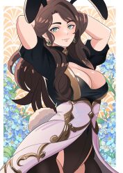 1girls adapted_costume alternate_costume animal_ears bare_thighs black_shirt blue_flower breasts brown_hair bunny_ears bunny_girl bunnysuit cleavage commentary_request cowboy_shot dorothea_arnault earrings fake_animal_ears fake_tail female female_only fire_emblem fire_emblem:_three_houses flower garreg_mach_monastery_uniform green_eyes highres ihsnet inner_thighs jewelry large_breasts long_hair looking_at_viewer nintendo parted_lips rabbit_ears rabbit_tail shirt skirt solo standing tail thick_thighs thighs very_long_hair white_skirt