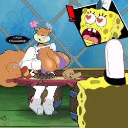 1boy 1girls anthro big_breasts bra breasts clothing empskit female heart_eyes hi_res huge_breasts hyper hyper_breasts krusty_krab male nickelodeon off_model on_model reaction_shot sandy_cheeks sea_sponge shocked spongebob_squarepants spongebob_squarepants_(character) squirrel underwear undressing