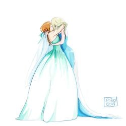 2015 2girls anna_(frozen) blonde_hair blue_dress braided_ponytail breasts bride bride_and_bride closed_eyes disney disney_princess dress elimonne elsa_(frozen) frozen_(film) green_dress hug hugging incest kissing lesbian_wedding medium_breasts multicolored_dress orange_hair ponytail sisters veil wedding_dress white_dress white_streak wholesome wife_and_wife yuri yuri_wedding