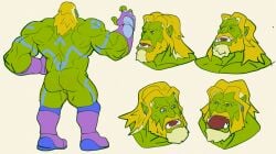 blonde_hair green_body green_skin hair himbo humanoid male male_only model_sheet muscular muscular_male orc orc_male rickleone science_fiction solo_male tattoo