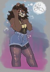 2023 anthro bear blush bottomwear breath brown_body brown_fur brown_hair bulge carly_bear claws clothed clothing cupcakecarly erection erection_under_clothing eyewear femboy fur girly glasses hair heart hi_res looking_at_viewer male mammal shaking shorts simple_background smile solo trembling