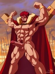 armpit_hair balls bara beard big_penis boner bound_wrists cape cape_only erection facial_hair fate_(series) iskandar_(fate) male male_only muscles muscular nude pecs penis red_hair scent_(artist) solo solo_male wolfscade