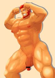 balls bara beard big_penis facial_hair fate_(series) flaccid flexing iskandar_(fate) karakuraax male male_only muscles muscular nude pecs penis red_hair solo solo_male