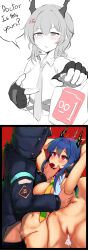 1boy 1girls 2023 absurd_res arknights arms_up blue_hair blush censored ch'en_(arknights) comic comic_page condom condom_in_mouth condom_wrapper cum cum_in_pussy cum_inside doctor_(arknights) dragon_girl dragon_horns frustrated hi_res hood hoodie horns light-skinned_female light_skin meepy741_(artist) navel nude red_eyes text used_condom vaginal_penetration