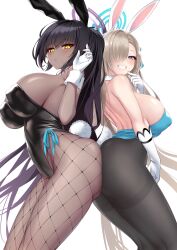 2girls animal_ears ass ass-to-ass ass_press asuna_(blue_archive) asuna_(bunny)_(blue_archive) bare_shoulders black_hair black_hairband black_leotard black_pantyhose blue_archive blue_bow blue_bowtie blue_eyes blue_leotard blush bow bowtie breasts closed_mouth curvy dark-skinned_female dark_skin detached_collar elbow_gloves fishnet_legwear fishnets gloves hair_over_one_eye hairband highleg highleg_leotard highres huge_ass karin_(blue_archive) karin_(bunny)_(blue_archive) large_breasts leotard light_brown_hair long_hair looking_at_viewer millennium_science_school_student multiple_girls official_alternate_costume one_eye_covered pantyhose parted_lips playboy_bunny ponytail rabbit_ears sigma_rio simple_background smile teeth thighs thong_leotard white_background white_gloves white_hairband wide_hips yellow_eyes