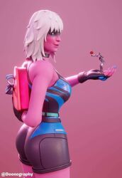 choker doonography fortnite fortnite:_battle_royale gloves green_eyes harlowe_(fortnite) pink_skin shorts size_difference smiling tank_top white_hair