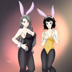 2girls black_eyes black_hair black_leotard breasts bunny_ears earrings fake_animal_ears grey_hair hand_on_hip large_breasts leotard long_hair looking_at_viewer navel_visible_through_clothes pantyhose persona persona_5 playboy_bunny red_eyes sadayo_kawakami sae_niijima short_hair sonicheroxd wrist_cuffs yellow_leotard