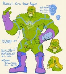 blonde_hair green_body green_skin hair himbo humanoid male male_only model_sheet muscular muscular_male orc orc_male rickleone science_fiction solo_male tattoo