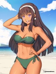 1girls 2d alternate_version_available arm_behind_head artist_name background beach big_breasts bikini black_hair blue_sky breasts brown-skinned_female brown_skin cleavage clouds color commission confident dark-skinned_female dark_skin earrings etchimune female female_only fit fit_female full_color green_bikini green_swimsuit hairband hand_on_hip human human_only hunie_(series) huniepop kyanna_delrio latina latina_female long_hair navel non-nude ocean open_mouth painted_nails pose posing purple_eyes sky smile smiling solo solo_female straight_hair sunny_day swimsuit toned toned_core toned_female toned_stomach
