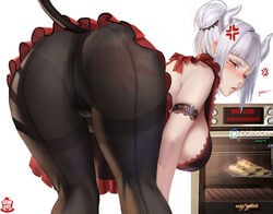 1girls ass big_ass big_breasts blush breasts cleavage female female_only gtunver helltaker large_breasts looking_at_viewer looking_back lucifer_(helltaker) panties panties_under_pantyhose white_panties