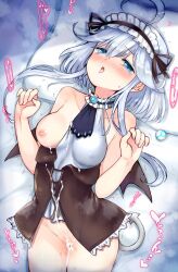 after_sex ahoge ajitarou_(setsu) android black_wings blue_eyes blush breasts brown_bodice censored commentary_request cum cum_on_clothes cumdrip emil_chronicle_online female frilled_hairband frills hairband head_on_pillow heart highres leotard long_sidelocks lying medium_breasts mitama_aria mosaic_censoring nipples on_bed open_mouth pillow sidelocks spoken_heart tearing_up tongue tongue_out twitching white_hair white_leotard white_tail wings
