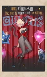 1girls absurdres ahoge alternate_costume animal_ears axel_(koko_d._nuts) balloon big_breasts black_boots black_hat blonde_hair boots border breasts cleavage closed_mouth commentary confetti curtains dark-skinned_female dark_skin english_commentary english_text eyelashes female full_body grey_pantyhose hat heart_balloon high_heel_boots high_heels highres holding holding_whip indie_virtual_youtuber jester_cap kokonuts leotard long_sleeves mole mole_on_breast monkey monkey_ears monkey_girl monkey_tail mrcs_404 multicolored_eyes oerba_yun_fang one_eye_closed open_mouth pantyhose scar scar_across_eye scar_on_face second-party_source short_hair skin_fang solo_focus split_mouth standing standing_on_one_leg star_balloon tail thighs top_hat virtual_youtuber vtuber whip