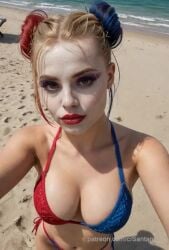 1girls ai_generated animated barefoot batman_(series) beach bikini bikini_bottom bikini_top blonde_female blonde_hair blue_eyes blue_highlights bra breasts cleavage clown clown_girl clown_makeup dc dc_comics eyeshadow facepaint feet female female_only hair_bun harley_quinn harley_quinn_(arkham) harley_quinn_(suicide_squad_game) human_female large_breasts legs lipstick looking_at_viewer makeup mascara medium_breasts multicolored_hair navel outdoors pale-skinned_female pale_skin patreon_url patreon_username realistic red_highlights red_lipstick santanai seaside selfie sfw smile smiling_at_viewer solo solo_female sound standing suicide_squad suicide_squad:_kill_the_justice_league toes video walking walking_towards_viewer water web_address white_face white_facepaint white_woman