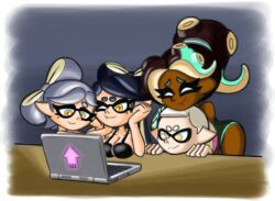 4girls alternate_breast_size bacontactician black_hair breasts callie_(splatoon) cleavage computer dark-skinned_female dark_skin female female_focus female_only gray_hair grey_hair large_breasts looking_at_breasts marie_(splatoon) marina_(splatoon) marina_ida nintendo off_the_hook_(splatoon) pearl_(splatoon) pearl_houzuki splatoon splatoon_(series) splatoon_2 squid_sisters white_hair yellow_eyes