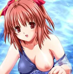 blush hair_ribbon in_water mizugi nipples oppai red_eyes red_hair school_uniform sukumizu tied_hair twintails