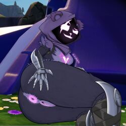 1girls anus anus_focus bear bear_girl female fortnite glowing_anus glowing_face hooded hooded_female hoodie purple purple_body raven_team_leader skullyhearts