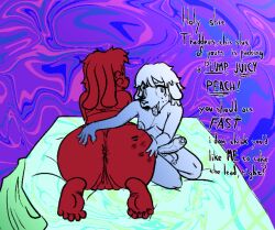 anthro anus ass balls bed butt_grab canid canine claws clothing dialogue duo english_text feet female floppy_ears foreskin freckled_face freckles furniture futanari g-string genitals hand_on_butt intersex intersex/female kiss_mark kneeling krisfe lagomorph lipstick looking_at_viewer looking_back makeup mammal penis presenting presenting_hindquarters rear_view talking_to_viewer text tight_clothing toe_claws toes tongue tongue_out uncircumcised underwear