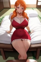 1girl ai_generated artist_name bed blurry blush breasts collarbone covered_navel dress hi_res high_quality high_resolution huge_breasts indoors long_hair looking_at_viewer nami_(one_piece) one_piece orange_eyes orange_hair panties patreon patreon_username pillow red_eyes seductive sexy short_dress sitting smile solo sweat twintails uncensored underwear watermark web_address