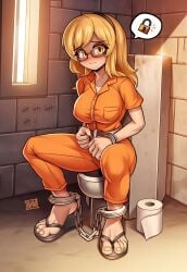 1girls ashamed blam blonde_female blonde_hair blush buttons chained chains cuffs embarrassed embarrassed_expression embarrassed_female female female_focus female_only flip_flops glasses handcuffs inmate inmates_clothing jail jumpsuit long_hair orange_clothing prison prison_cell prison_clothes prison_jumpsuit prison_uniform prisoner restrained restrained_arms restrained_legs restrained_wrists restraints shackles shame shy toilet toilet_paper toilet_use uniform wearing_glasses yellow_eyes