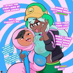2girls after_kiss aqua_hair ass baseball_cap big_ass big_breasts big_thighs black_eyes breasts brown_skin captions cropped_jacket dark-skinned_female dark_skin dialogue dolly_dimpley duolingo evil_sheep female gigantic_ass gigantic_breasts gigantic_thighs gooner headphones hijab hoodie huge_ass huge_breasts huge_thighs jerk_off_instructions joi kiss kissing long_hair muslim muslim_female open_mouth saliva saliva_string saliva_trail short_shorts smiling_friends spiral spiral_background tagme text thick_thighs thighs yuri zari_(duolingo)